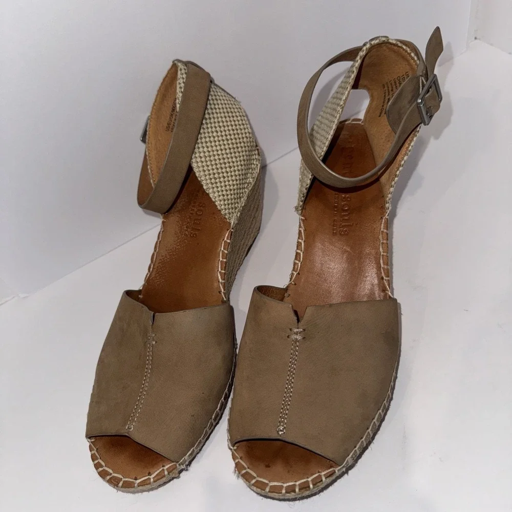Gentle Souls Charlie Brown Tan Leather Espadrille Wedge Sandal 10 Platform